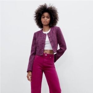 Women's Zara Pink & Black Houndstooth Tweed Cropped Fitted Jacket | Blazer Sz M
